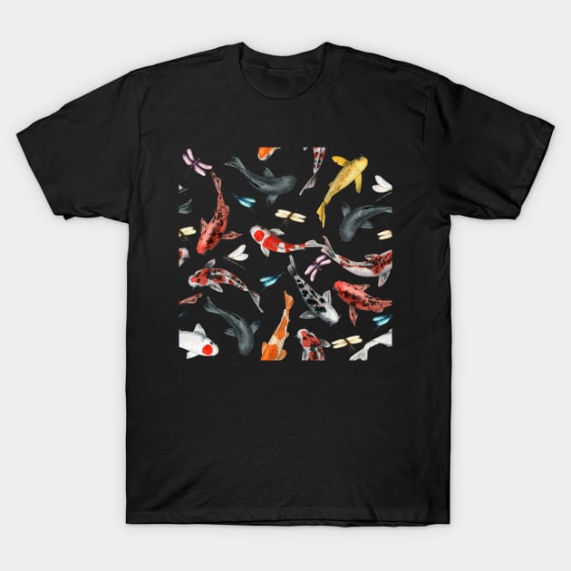 Koi and Dragonflies T-Shirt by NixieNoo